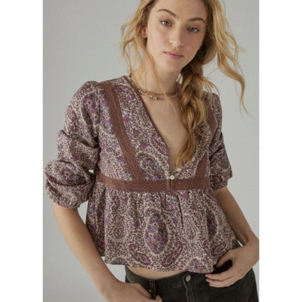 New Lucky Brand Boho Baby Doll Paisely Lace Casual Long Sleeve Size Medium Top